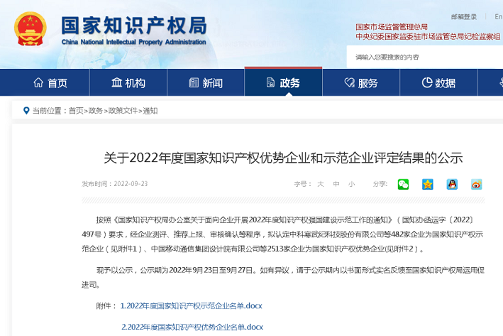 新朝陽入選“2022年度國家知識產(chǎn)權優(yōu)勢企業(yè)”榜單